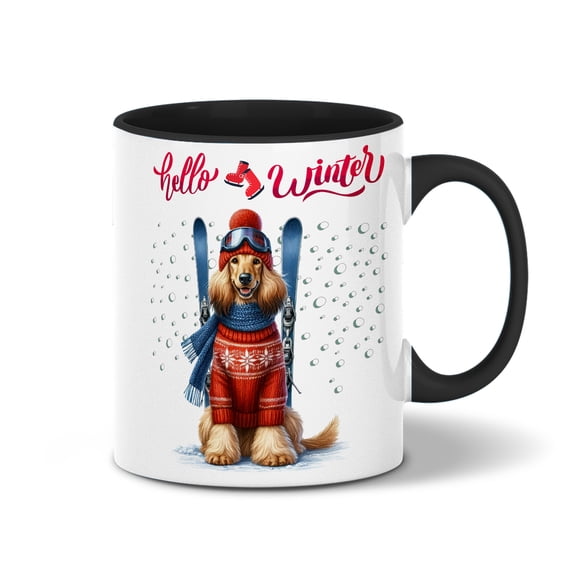 Hello Welcome Winter The Ski Afghan Hound Snowy Day 11oz Accent Two-tone Mug Dog Lover Coffee Tea Cup - 13013