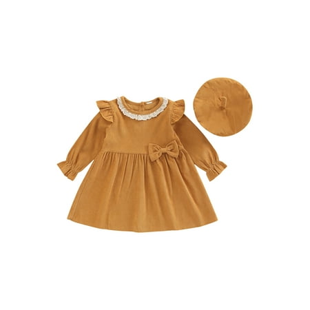 

Canrulo Toddler Baby Girl Fall Winter Clothes Corduroy Long Sleeve Ruffle A-Line Bow Dress Beret Set Casual Playwear Brown 3-4 Years