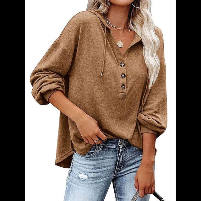 Sudadera con Capucha y Botones para Mujer, con Cuello en V, Larga y Cordón Ajustable. Camisetas Henley. Caqui XL