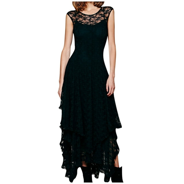 Boho Lace Dress for Women, Asymmetrical Hem Long Sleeveless Dress with Low V-Back and Ruffled Trimming, Double Layered Boho Chic Style