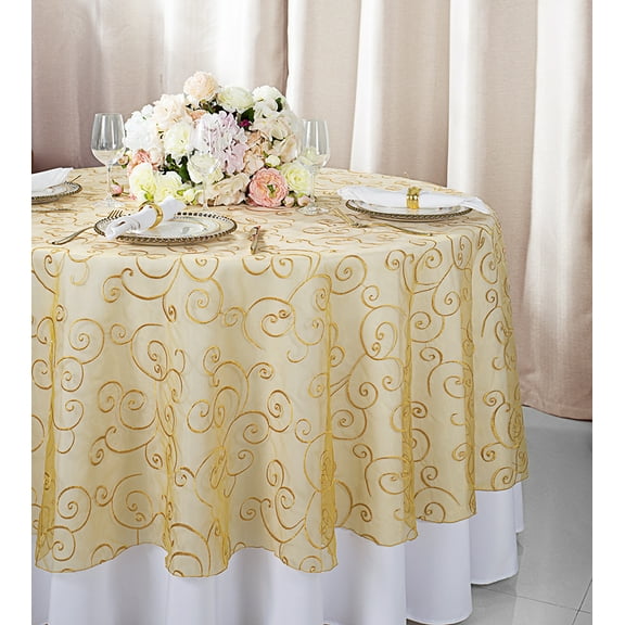Wedding Linens Inc. 108" Round Seamless Embroidered Organza Table Overlay Tablecloth - Gold