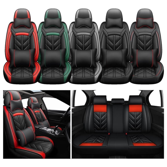 PU Leather Car Seat Covers 5-Seats Car/Sedans/SUV/Truck Universal Fit, Premium Auto Cushion Protector with Pillows, Front Rear Seat Full Set Black Red