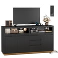 thumbnail image 4 of Hiphuta 63" Wide Farmhouse TV Stand Fits Up to 70 Inch TVs, Entertainment Center with RGB LED Lights, Wood Grain Media Console with Charging Station, Black, 4 of 8