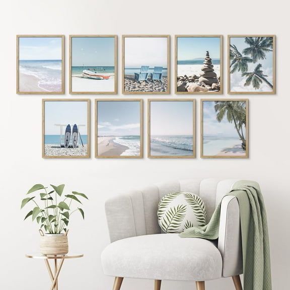 PixonSign Framed Canvas Print Wall Art Set - Beach Ocean Wave Seaside Posters - Set of 9 Travel Coastal Photography Modern Art Minimal Boho Wall Décor for Living Room, Bedroom - 12"x16" Natural