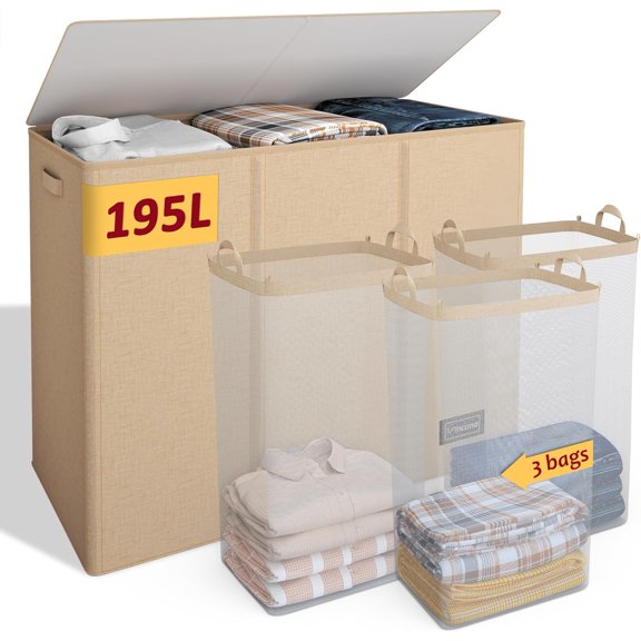Uni 195L Laundry Hamper 3 Section,Large Laundry Hamper with Lid,Dirty Clothes Hamper with 3 Inner Bags,Collapsible Laundry Basket Organizer for Laundry Room,Bedroom,Laundry Sorter Hamper 3Compartment