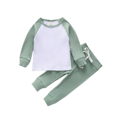 

Toddler Baby Boys Girls Clothes Ribbed Sweatshirt Pajamas Knitted Top Drawstring Pants Set Fall Winter Outfit