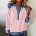 thumbnail image 2 of jobturf Womens Tops Patchwork Color Block Denim Trim Henley Shirts Comfy Loose Pullover Sweatshirts Dressy Casual Collared Long Sleeve Blouses, 2 of 9