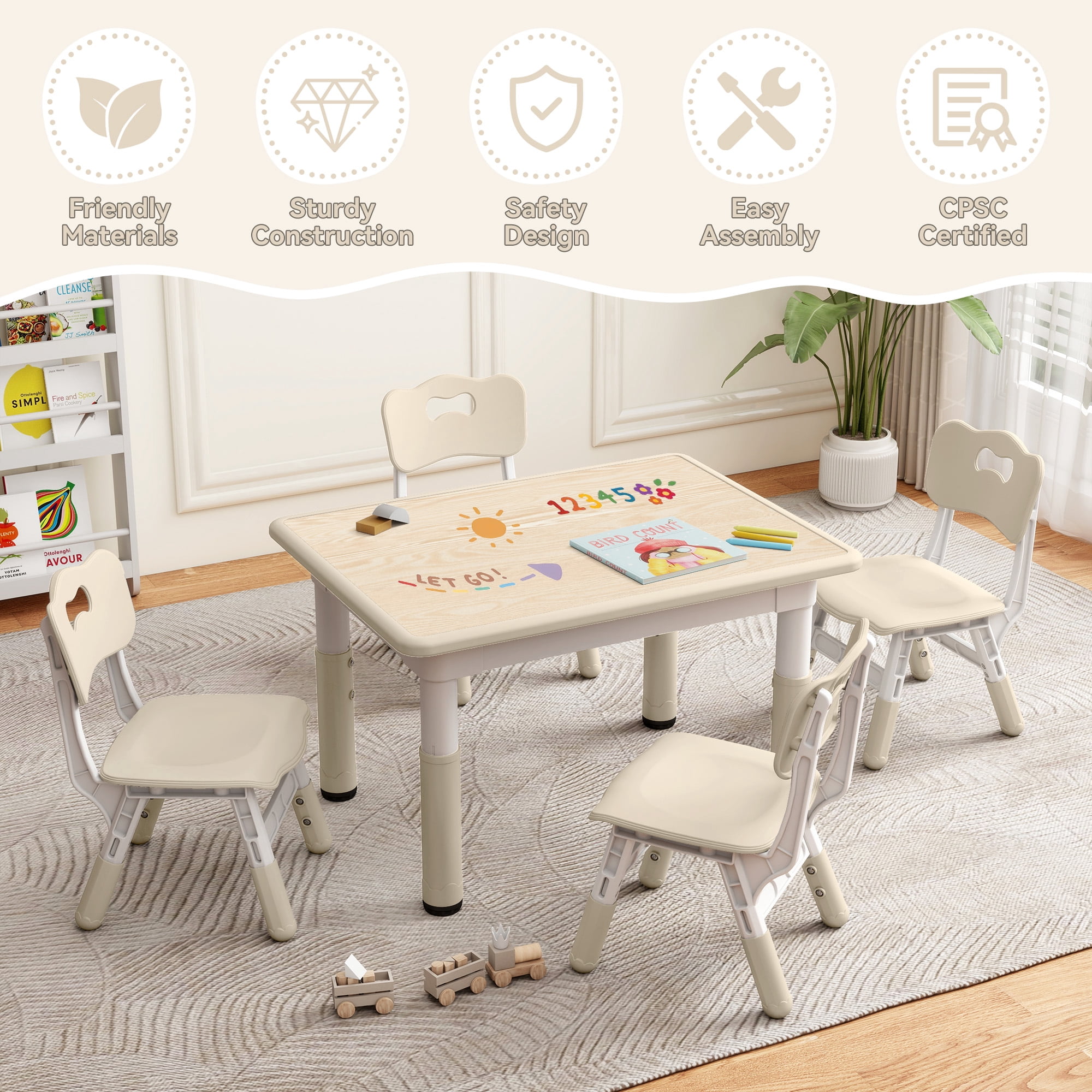 DOREROOM Height-Adjustable Kids Table and 4 Chairs Set, Graffiti Desktop, 31.5''L x 23.6''W Children Activity Table for Daycare, Classroom, Home