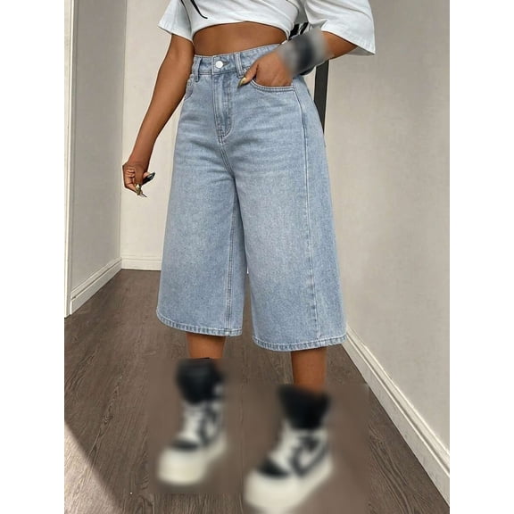 Women High Waist Denim Culottes, Wide Leg Cropped Jeans with Pockets