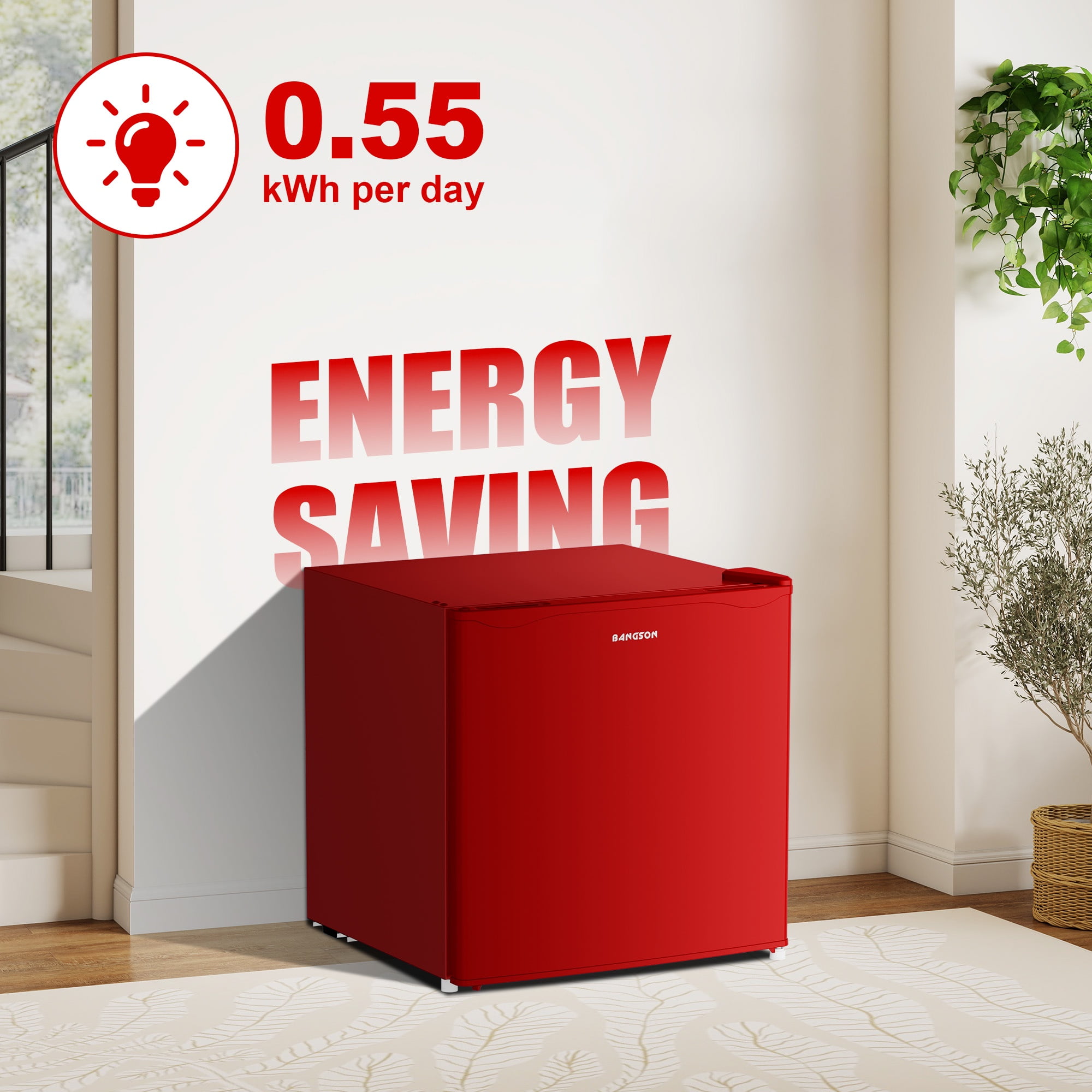 BANGSON 1.6 Cu.Ft Compact Refrigerator with Freezer, Energy Saving & Low Noise Mini Fridge for Office, Dorm, Bedroom - Adjustable Temp, Reversible Door,Red