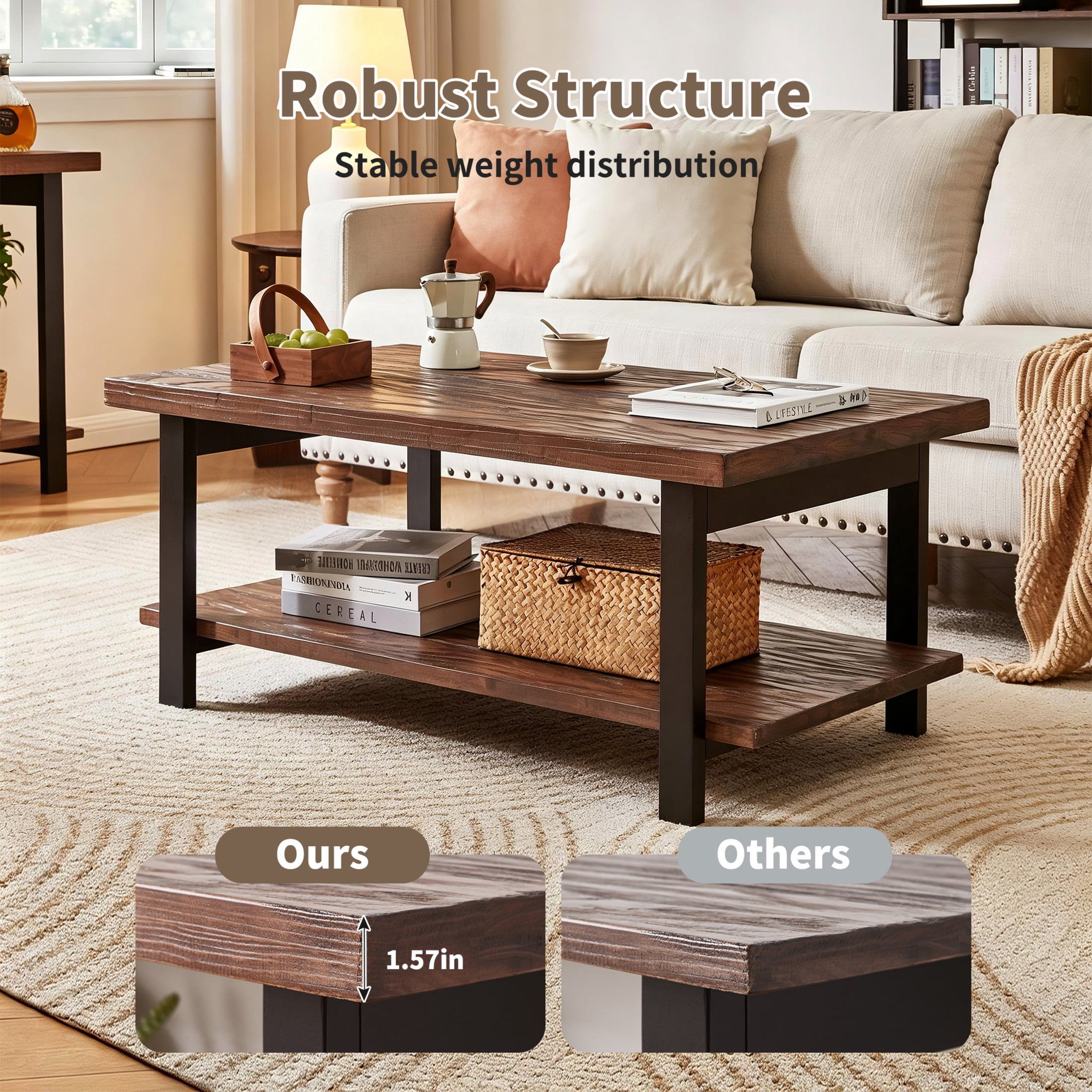 Noble House Caldon 48" Rustic Entryway Console Table with 3-Tier Storage Shelves, Distressed Pine Top, Walnut & Black
