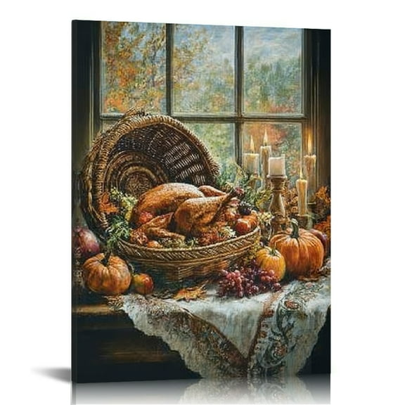 GooTPa Autumn Harvest with Turkeys and Pumpkins Canvas Wall Art, Canvas Prints Wall Art for Living Room Bathroom Bedroom Office, Art Print Painting for Home Decorations - 12x16in