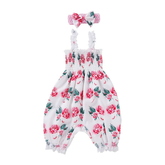 ZACPNCV Newborn Baby Girls Summer Jumpsuit Sleeveless Outfit Print Strap Romper One Piece Jumpsuit Headband 2PC Spring Summer Clothes Set Pink 12-24 Months