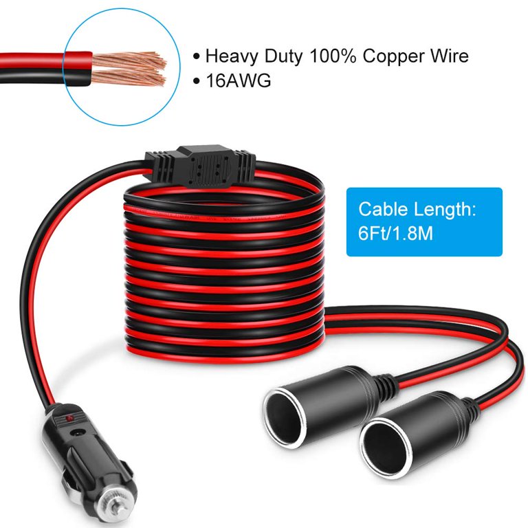 Gadpow 1 to 2 Car Cigarette Lighter Splitter 12v/24v 6Ft Extension Cord Cable 2-Way Car Splitter with 15A Fuse