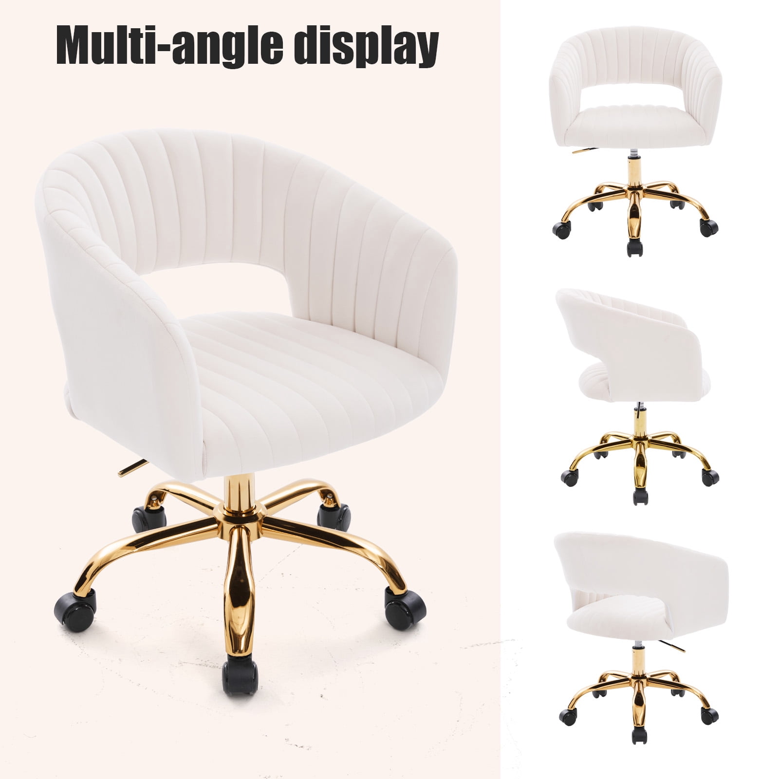 MOONMISS Modern Velvet Office Chair with Gold Base,Adjustable Swivel Desk Chair with Wheels,Low Back Rolling Vanity Chair,Ivory
