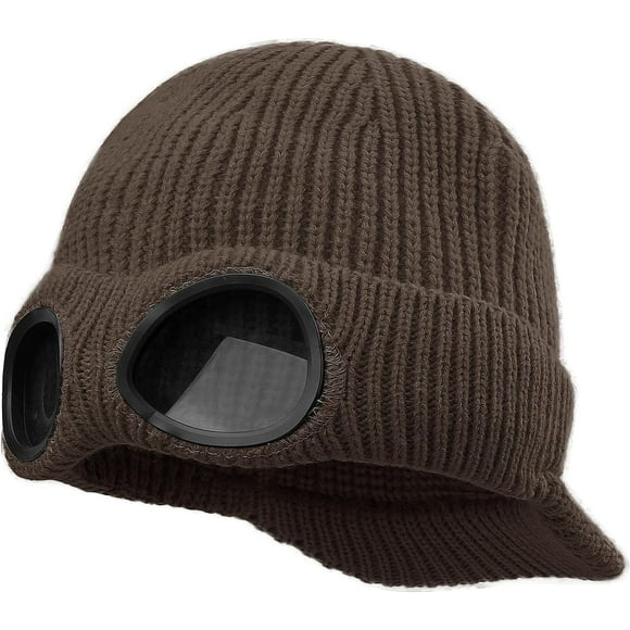 shiyou-Visor Beanie Hat for Men Winter Toque Stylish Beanies with Brim Goggles Warm Fleece Ski Skullcap Knit Watch Caps