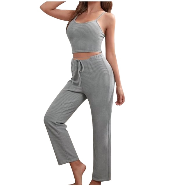 XZNGL Womens Home Wear Casual Solid Color Knitted Suspender Top, Pants, Robe, Pajamas, Three Piece Set