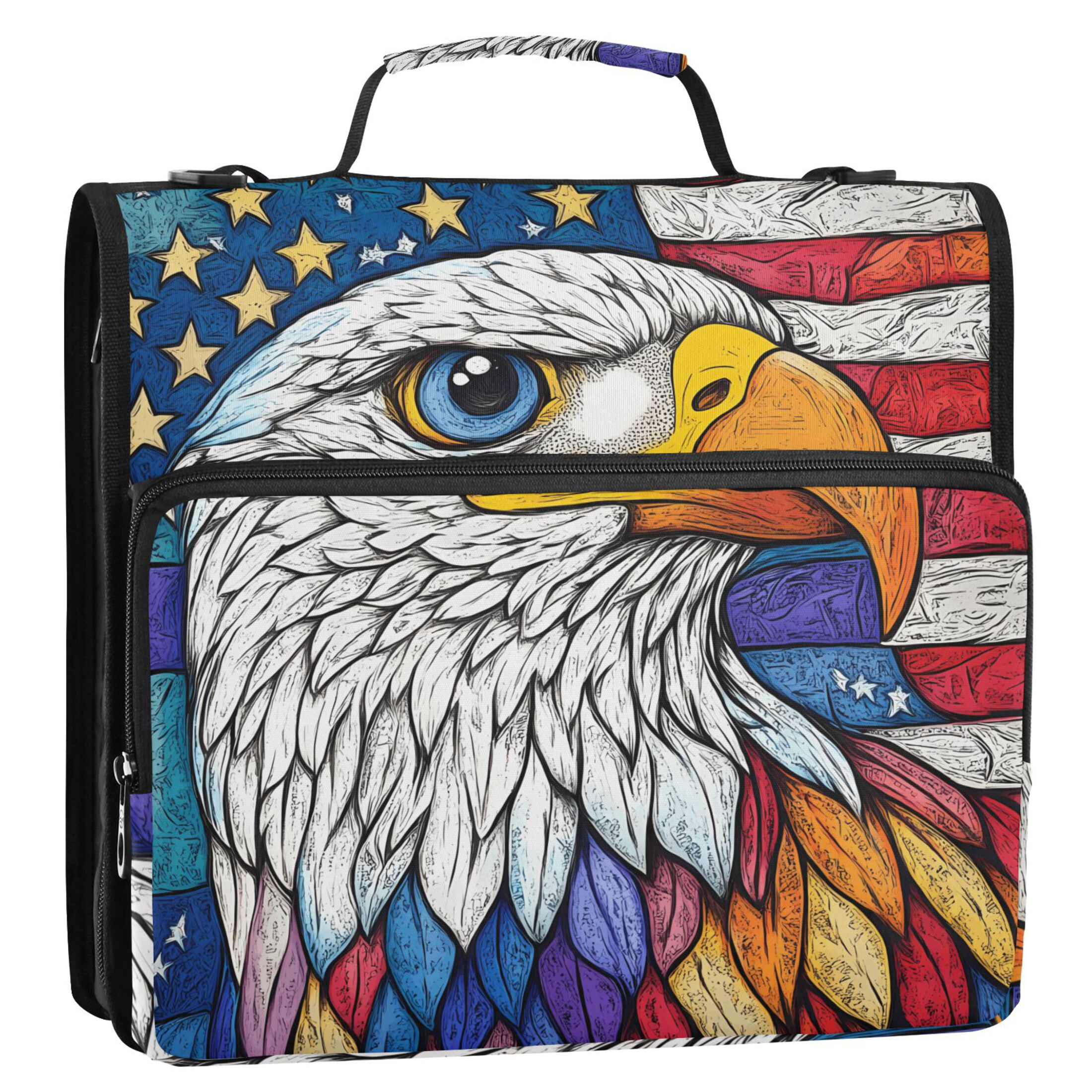 3 Ring Zipper Binder with Shoulder Strap Waterproof Trapper Keeper 2 Inch D-Ring 500 Sheets Capacity American Flag and Eagle