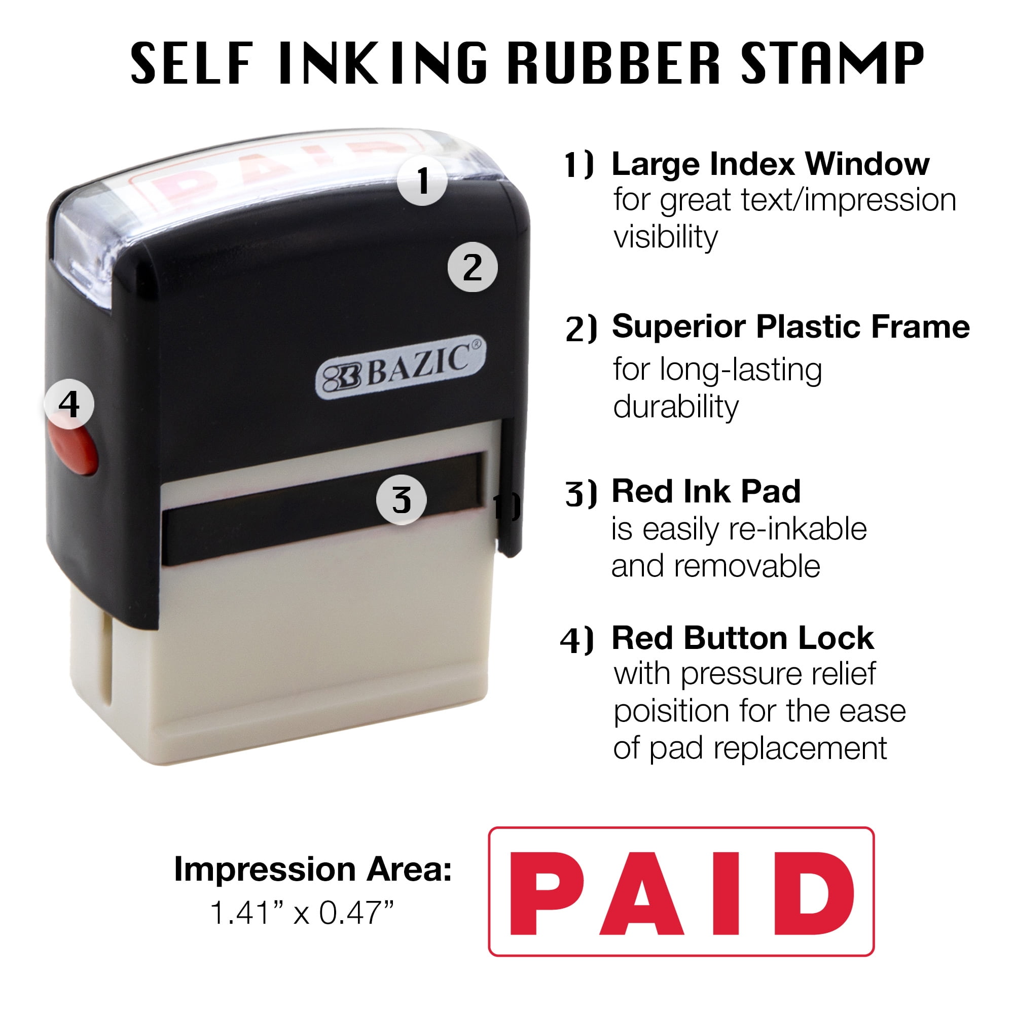 BAZIC Products Paid Self-Inking Stamp with Red Ink for Office, Business, and Documents, Easy Refillable Pad, Crisp & Clear Impressions, 24-Packs