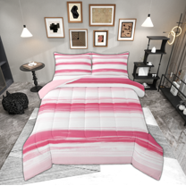 Manfei Girly Pink Stripes Bedding Comforter Set for Adult, Oil Printing Artwork Twin Comforter Sets, Abstract Ombre Reversible Bedding Set, Breathable Home Decor, 2pcs