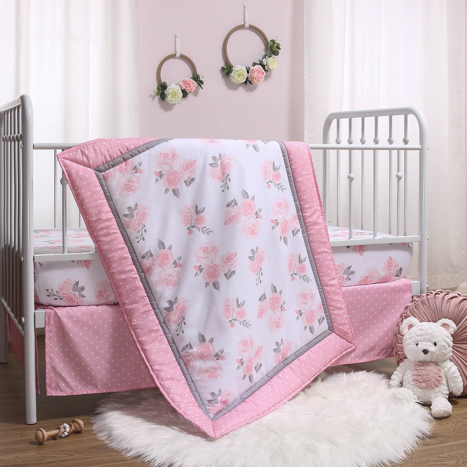 Mini Crib Patchwork Bedding Set Fitted Skirt Comforter Pillowcase Bumper 