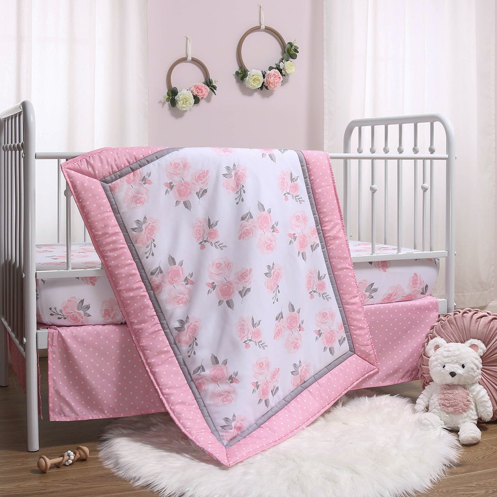 The Peanutshell Pink Floral Crib Bedding Set for Baby Girls, 3 Piece