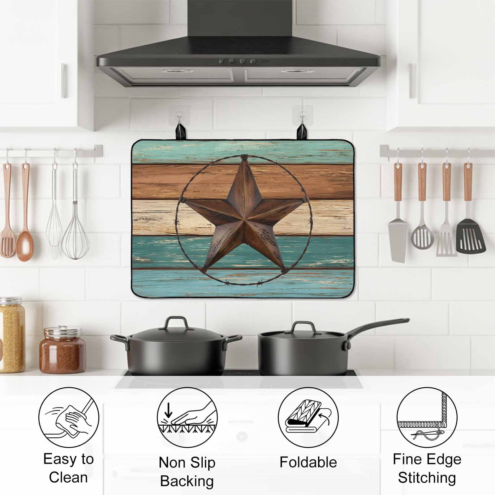 Teal Brown Stove Top Cover for Electric Stove, Heat-proof & Non Slip Glass Top Stove Cover Protector, Country Texas Star Farmhouse Barn Door Wood Kitchen Flat Cooktop Rubber Mat 24x21 Inches