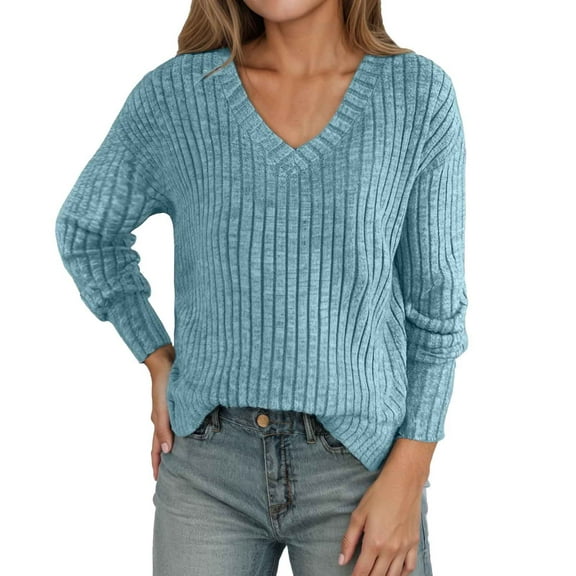 Arlun Fall Sweaters for Women V Neck Long Sleeve Casual Oversized Tops Lightweight Comfortable Solid Color Ribbing Splicing Loose Fit Pullover Sweater 2025 Sky Blue XL