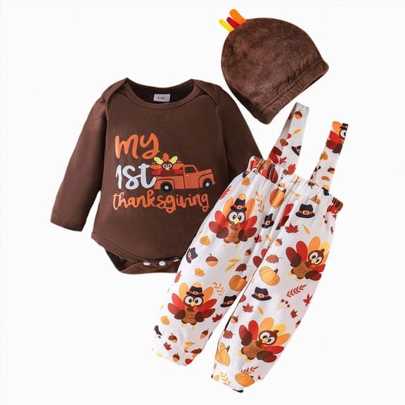 My First Thanksgiving Baby Boy Outfit Long Sleeve Bowtie Romper Suspender Pants with Hat 3 Piece Clothes Set 0-18 Months Kaprioy Baby Boy Clothes