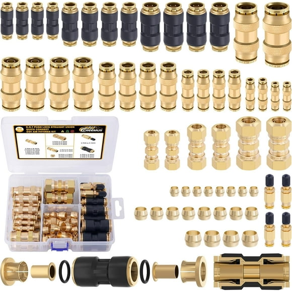 60 PCS Brass DOT Air Line Fittings Kit DOT Push Lock and Compression Air Fittings Brass Quick Connect Straight Union 1/8" 5/32" 1/4" 3/8" 1/2" 5/8" 3/4" Air Hose Fittings Assortment