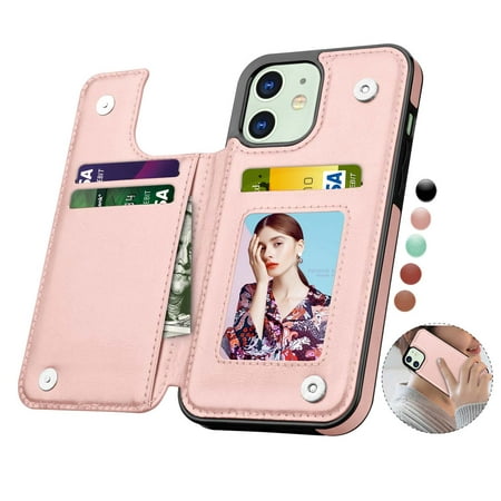 iPhone 12 Pro / iPhone 12 Wallet Case, iPhone 12 PU Leather Case, Njjex PU Leather Slim Folio Flip Kickstand Shockproof Cards Holder Wallet Case Cover -Rose Gold