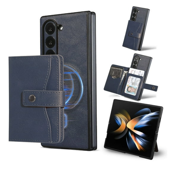 Allytechgroup Galaxy Z Fold 4 Case, Premium PU Leather 2 In 1 Wallet Phone Case for Samsung Galaxy Z Fold 4 with Card Holder Shockproof TPU Magnetic Cover Compatible with MagSafe & Car Mount,Blue