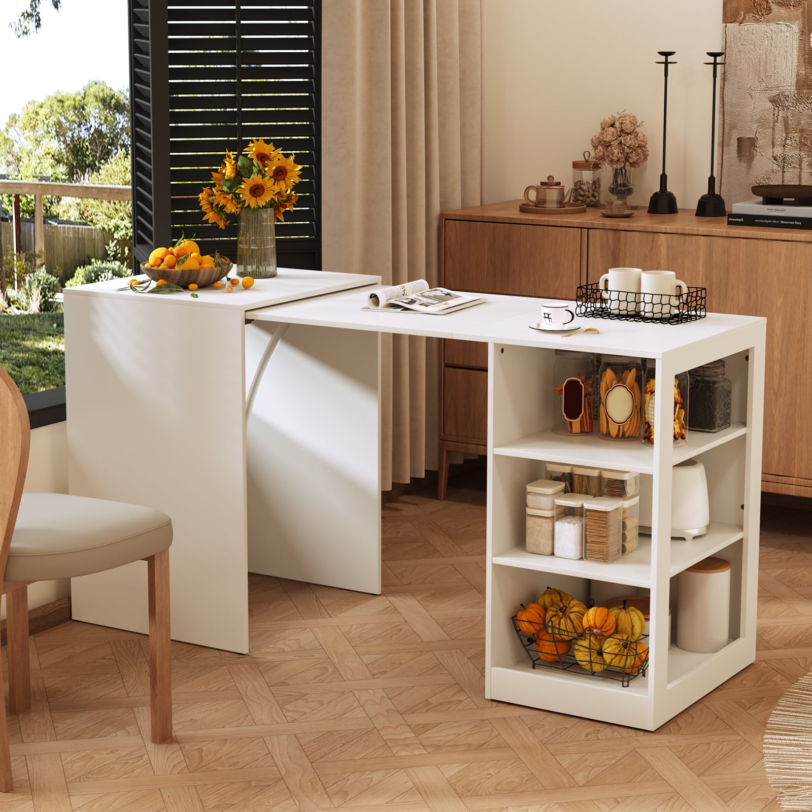 3-Tier Foldable Desk with Wheels, Multipurpose Rolling Computer Table for Home Office, Space-Saving Pull Out Desk for Small Spaces, Kitchen, Bedroom, White