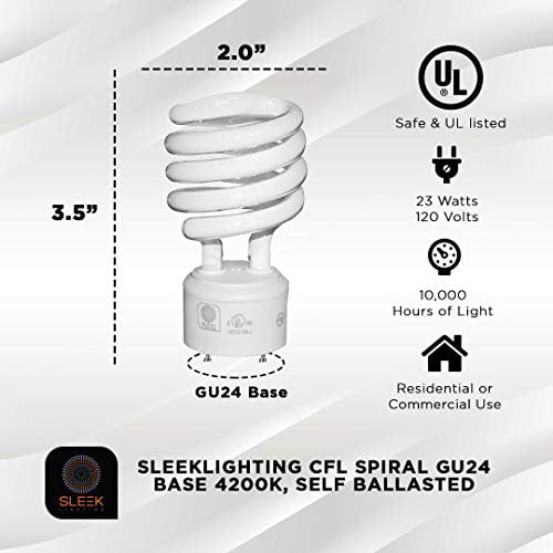 4pack SleekLighting Gu24 23Watt UL Listed Light Bulb Two Prong Twist 2 Pin T2 Spiral CFL 5000K 1600lm 