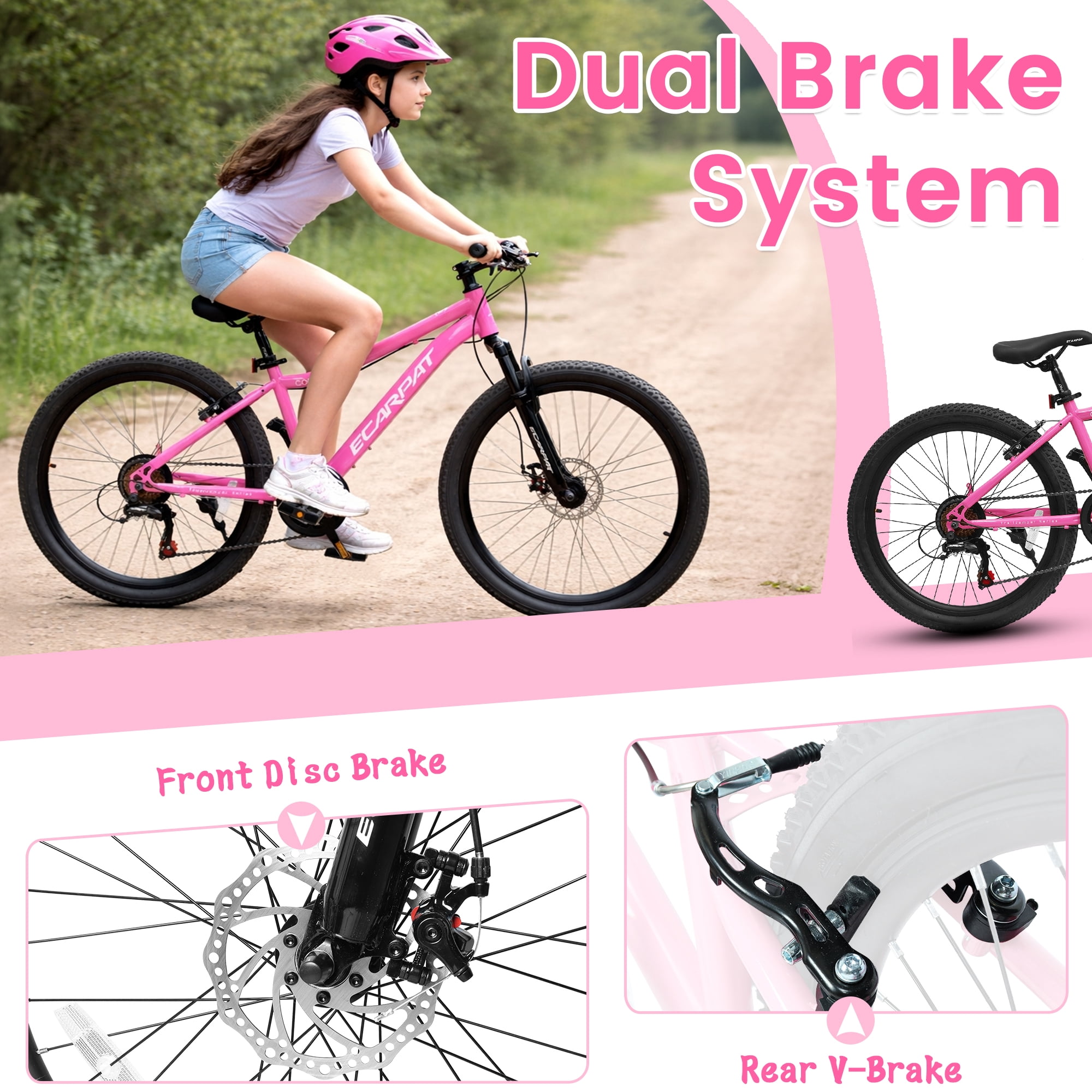 Ecarpat 24 Inch Mountain Bike for Women Girls, 7-Speed Front Suspension Teenagers Bikes for 9+ Years. Children Bicycle Suitable for 4'5"-5'5" Height Rider.