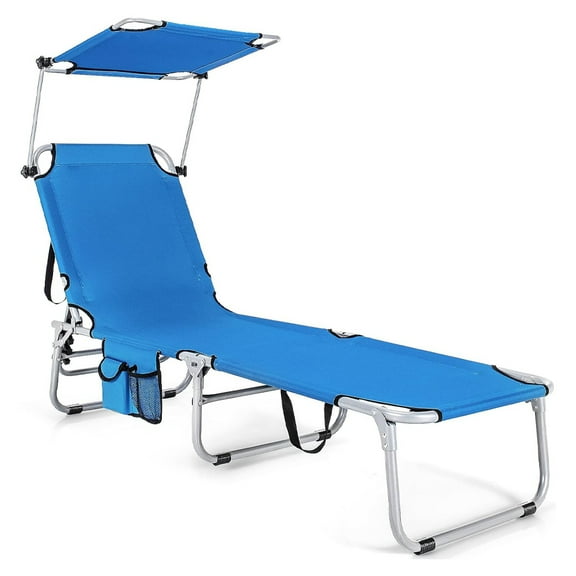 Foldable Tanning Chair, Beach Lounge Chair, 5-Position Adjustable Outdoor Chaise Lounge Chair with 360°Canopy Sun Shade, Side Pocket for Patio, Yard, Lawn, Blue