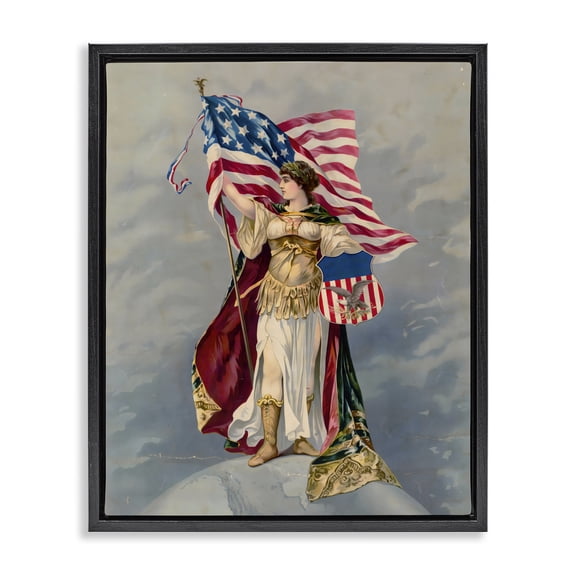 Stupell Industries Farmhouse Columbia Standing with American Flag Black Floating Frame Canvas Art, 17 x 21, by Arlington Prints