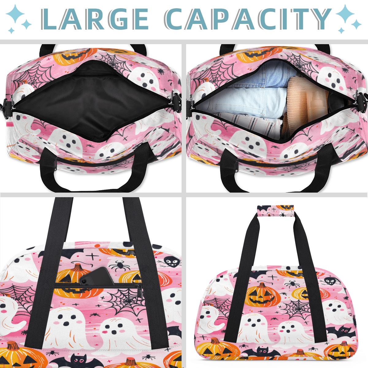 Herdesigns Halloween Sports Duffle Bag for Women & Men, Ghost Pumpkin Gym Bag Dance Bag Overnight Bag Carry On Weekender Travel Bag