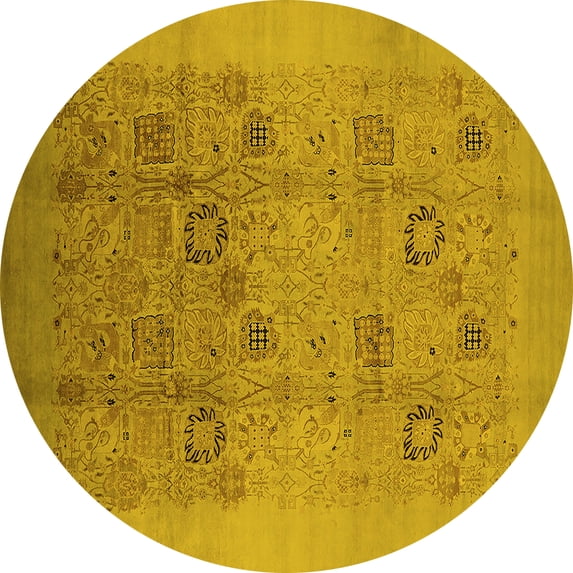 Ahgly Company Machine Washable Indoor Round Oriental Yellow Industrial Area Rugs, 5' Round