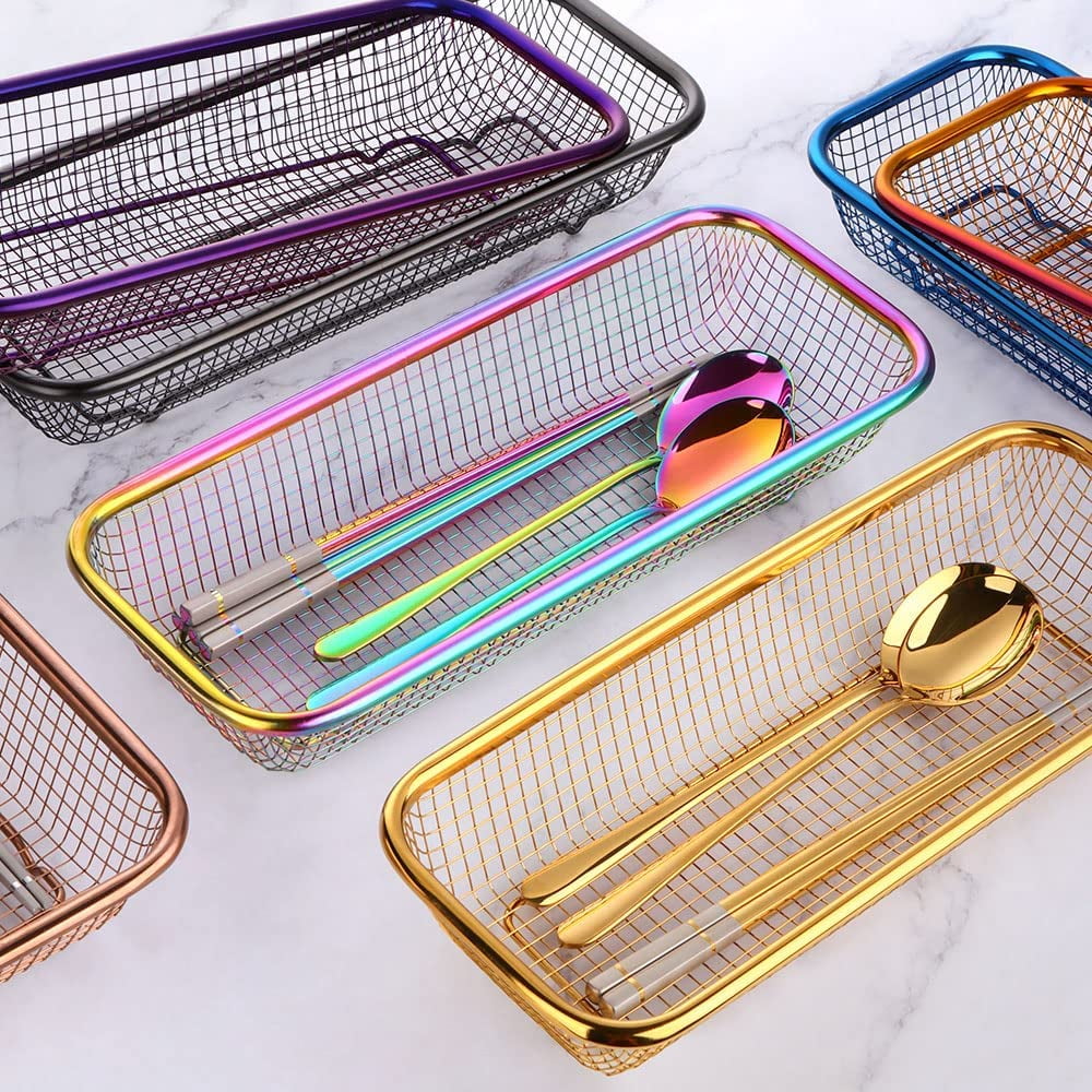 Gold Kitchen Drawer Organizer, Stackable Mesh Storage Baskets, Stainless Steel Silverware Organizer for Holding Knife Fork Spoon, 12.5"x5"x2.5", Pack of 2