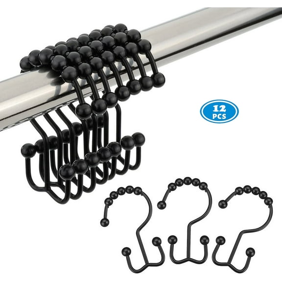 NimJoy Shower Curtain Hooks Ring, Rustproof Premium Stainless Steel Rollerball Easy Glide Double Sided Shower Hook, 12pk Black