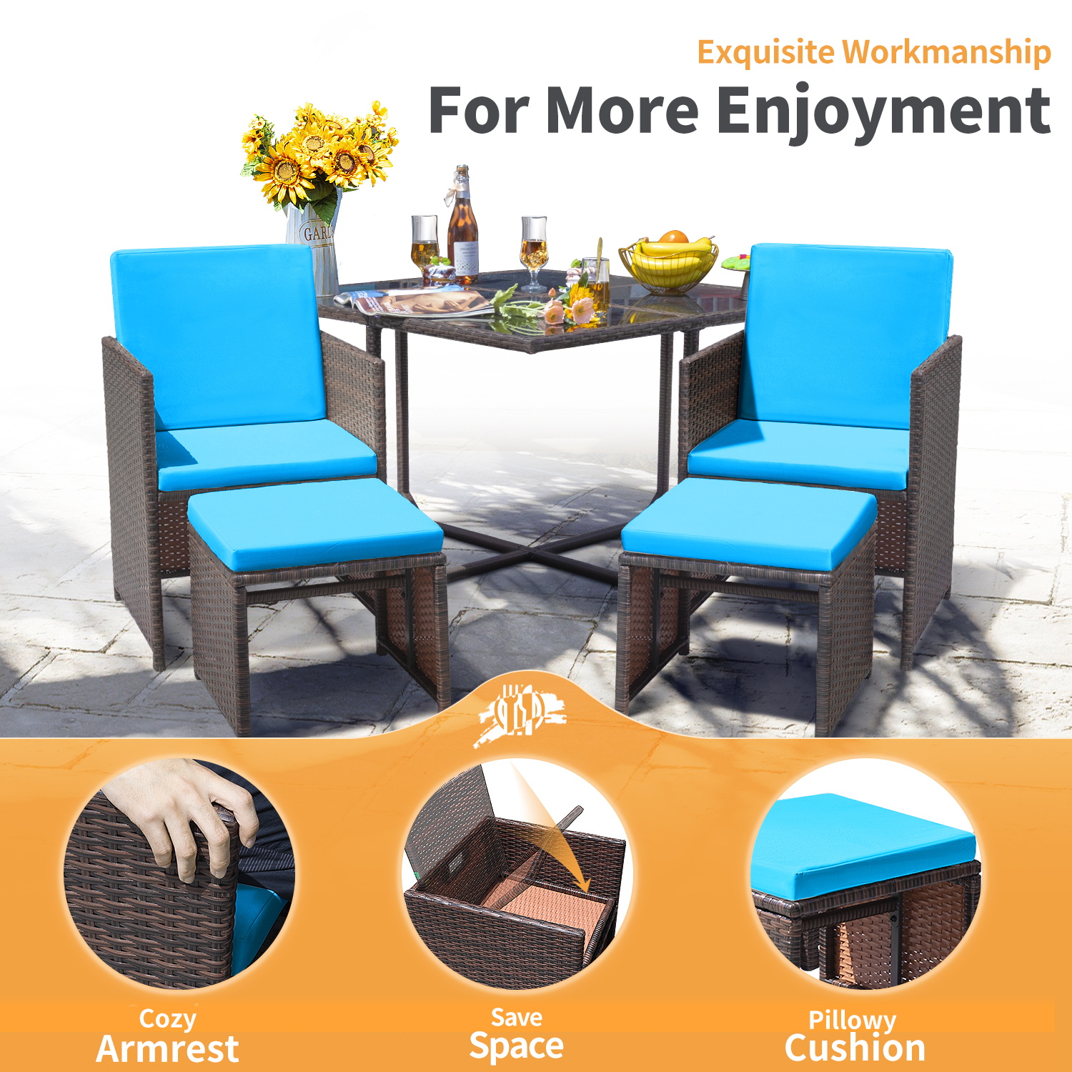 Lacoo 9 Pieces Patio Indoor Dining Sets Outdoor Furniture Patio Wicker Rattan Chairs and Tempered Glass Table Sectional Set Conversation Set Cushioned with Ottoman, Blue, 8 - image 5 of 7