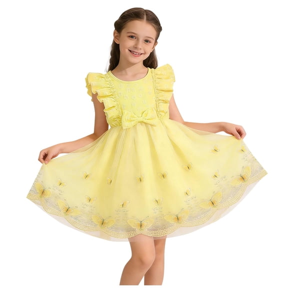 LEWKW Little Girl's Butterfly Tulle Dress Ruffle Sleeve Embroidered Hem Princess Frock for Spring Easter Party and Wedding Flower Girl