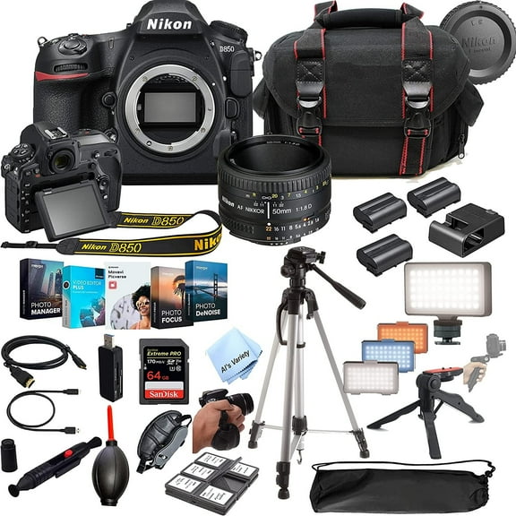 Nikon D850 DSLR Camera 45.7 MP Body W/Nikkor 50mm f/1.8D Lens- 64GB Extreme Speed Card, LED Always on Light, Tripod,Gripod, Case, and More 30pc Video Bundle
