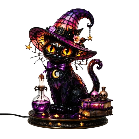 Bok Stained Glass Witch Hat Lamp Gothic Decor, Vintage Witchy Halloween Night Lights, Goth Table Lamps for Night Stands, Bedroom, Living Room, Office, Halloween Decorations