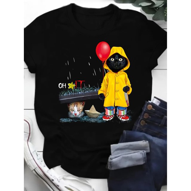 T-Shirt Femme Imprimé Dessin Animé Chic - Col Rond Décontracté, Manches Courtes, Mélange Polyester Extensible, Lavable en Machine - Parfait pour la Fête des Pères, Fête des Mères, Nouvel An, Festival de Printemps, Saint-Valentin