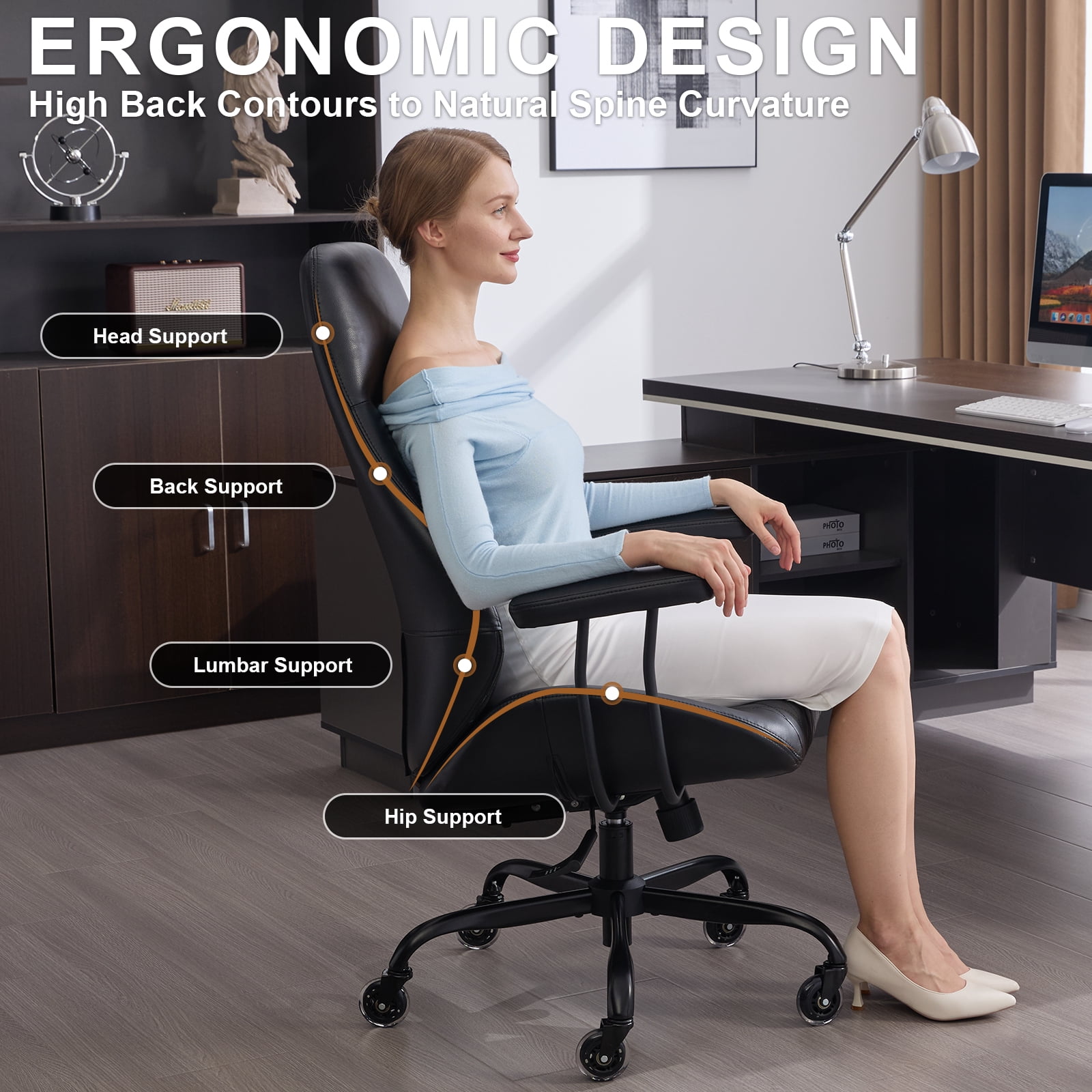 E-Motie Home Office Desk Chair, Ergonomic High Back Leather Computer Chair with Lumbar Support, Adjustable Height & Recline, Swivel Executive Office Chair with Armrests and Rubber Casters, Black