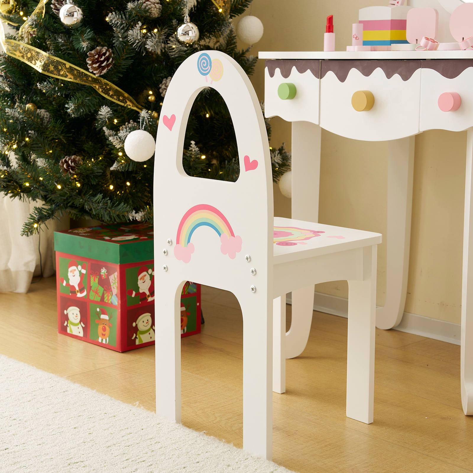 Paproos Kids Vanity with Mirror, Wood Girls Vanity Set with Drawers & Stool, Princess Toddler Dressing Table with 7Pcs Pretend Play Makeup Toys, Makeup Vanity Table for Littler Girls Aged 3+, White