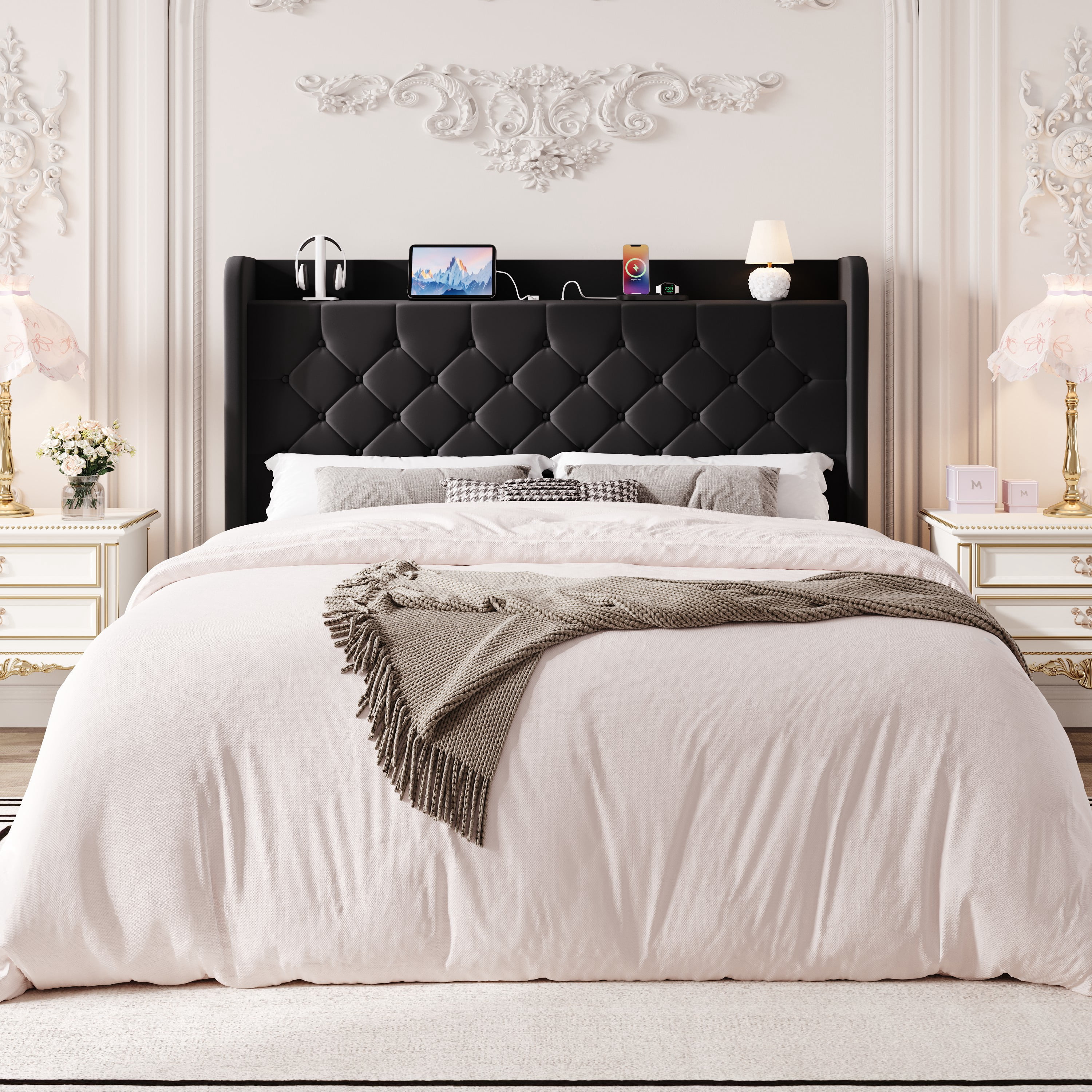 Einfach Queen Bed Frame, Upholstered Platform Bed with Storage Wingback Headboard and Fast Charging Hub, No Box Spring Required, Black