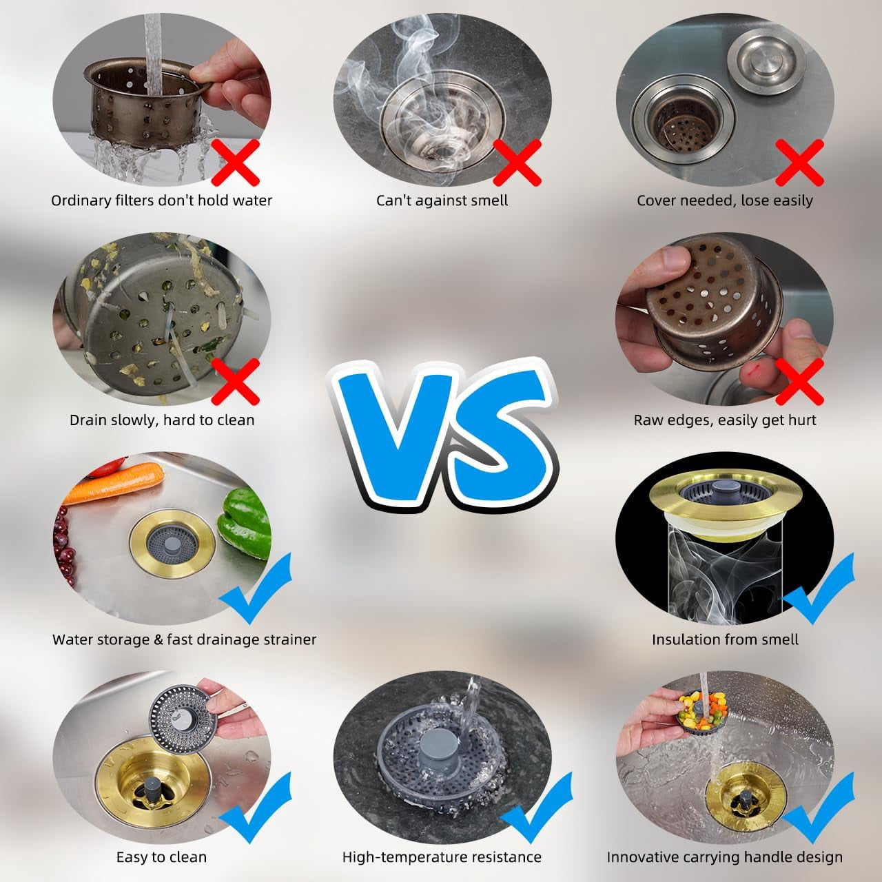 Upgraded 3 in 1 Kitchen Sink Drain Strainer and Stopper Combo, Stainless Steel Metal Pop Up Sink Stopper, 3 Anti-Clogging Basket Strainers for US Standard 3-1/2 Inch Drain, Brushed Gold